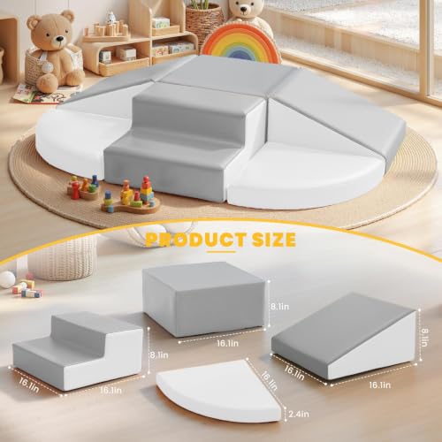 Hoohtoot Soft Foam Climbing Blocks for Toddlers: 6-Piece PU Leather Play Set - Kids Climbing and Crawling Toys - Indoor Baby Play Structure - Fun Learning Gym - style: Grey/White