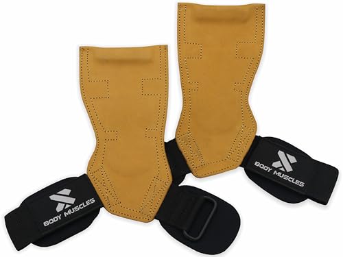 Leather Weightlifting Grips - Double Layer Leather Weight Lifting Grips for Powerlifting - Neoprene Padded Weight Lifting wrist Straps Gym with Metal Hooks - Deadlift Straps
