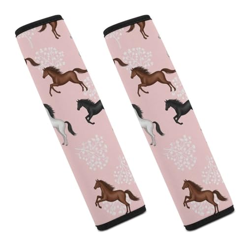 2PCS Grey White Brown Horses Flowers Pink Seat Belt Cover Breathable Seat Belt Cushion for Adults and Children, All Vehicles, Comfortable Driving - color: Pattern 1080