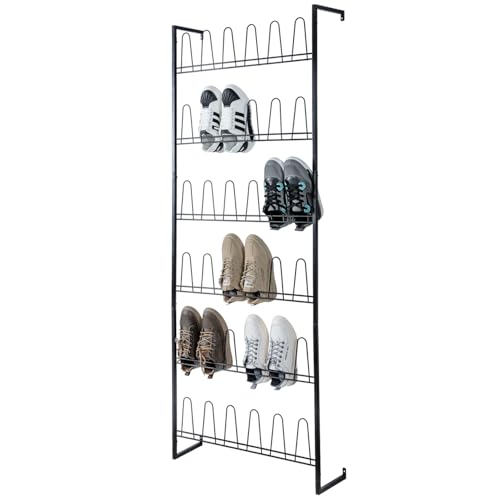 MyGift 70 Inch Black Metal Wall Mounted Shoe Rack with 36 Hooks | Holds 18 Pairs, Efficient Vertical Design, 36 Hanging Points, Slim Profile, Small Space Solution, Easy Access Setup - color: Black (6 Tier, 18 Pairs)