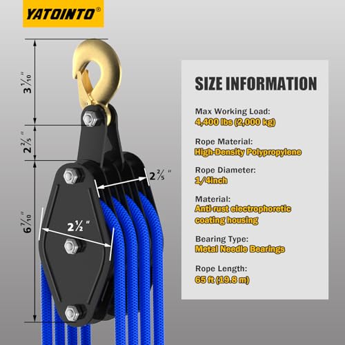 YATOINTO Rope Hoist Pulley System, 4400LB Pulley Block and Tackle, 8:1 Ratio Lifting Power 65ft, Heavy Duty Pulley Block for Hunting Lifting Heavy Objects Garage Warehouses Building (Blue) - color: Blue(Powder Coating)