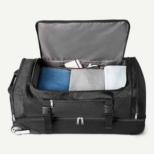 Amazon Essentials Wheeled Rolling Duffel Bag, 30-Inch (76.2 cm) Checked-Size, Expandable, Shoe Compartment, Telescoping Handle, Black - size: 30 inches