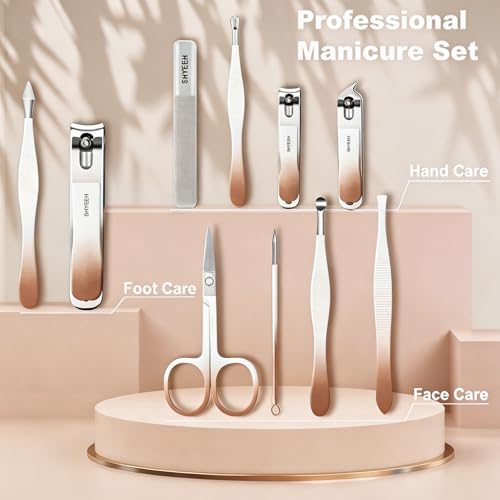 Manicure Set, 10 pcs High-Carbon Steel Nail Clippers Set, Portable Mini Manicure and Pedicure Kit, Travel Grooming Nail Kit with Leather Bag for Men and Women - color: Brown