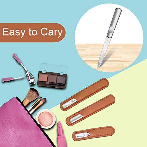 3 Pcs Stainless Steel Nail Files Kit with Leather Case, Double Sided Metal Nail Files with Anti-Slip Handle for Women and Men, Metal File Buffer Manicure Pedicure Tools for Fingernail Toenail(Brown) - color: Brown