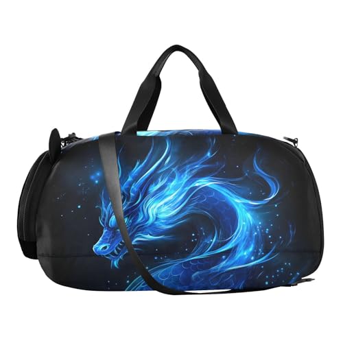 Kids Sports Duffel Bag for Boys & Girls - Blue Flame Dragon 100% Polyester Gym Bag with Separate Shoe Compartment, Adjustable Shoulder Strap, Compact Travel & Workout Gear Bag - color: Blue Flame Dragon
