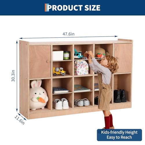 Garvee Mobile Storage Cabinet with 2 Cabinet Doors,Storage Cubby with 5 Anti-Flip Fittings, 4 Castors and 2 Boxes for Home,School,Kindergarten, Natural - size: 12 Cubbies with 2 doors