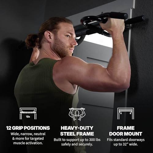 SPRI Pull Up Bar - 8-Grip and 12-Grip Door Frame Mounting Pull-Up Bar for Versatile Workouts - Rugged Steel Frame with Foam Handles - Supports 300 Pounds - Fits Door Frames Up to 32 in. Wide – Black - size: 12 Grip