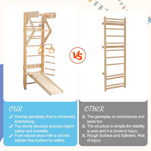 Wooden Indoor Jungle Gym 6-in-1 Playground Climbing Toys for Kids Ages 2-6, Climbing Playset Wall Ladder, Pull-Up Bar, Rope Ladder, and Gymnastic Rings, Supports 242 lbs (6-in-1) - size: 6-in-1