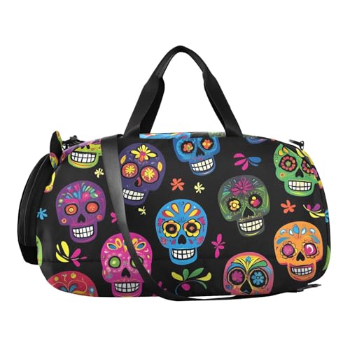 Kids Sports Duffel Bag for Boys & Girls - Day Of The Dead Sugar Skull 100% Polyester Gym Bag with Separate Shoe Compartment, Adjustable Shoulder Strap, Compact Travel & Workout Gear Bag - color: Day Of The Dead Sugar Skull