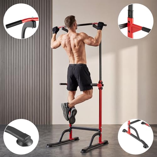 Power Tower Pull Up Bar Station - 330 LBS Stable Multi-Function Gym Dip Station for Home Strength Training Equipment - 10 Adjustable Heights Heavy Duty Pull-Up Tower with h-Shaped Base & Push-Up - color: Red