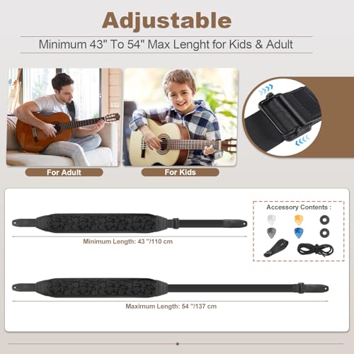 Guitar Strap and Bass Strap, Embroidered Guitar Strap, Adjustable Strap Length, Equipped with 3D Sponge Filled Foam Pad, Comes with 4 Picks + 2 Strap Locks, Best Gift for Guitar Players, Black - color: Black Embroidery