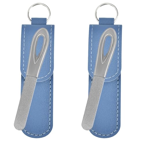 Metal Nail File with Case, 2 Pack Keychain Nail Files for Natural Nails, Fingernail Files Diamond Round Tip Stainless Steel Double Sided Fine Grit Sapphire Filer with Leather Sheath Travel Blue - size: 2 Pack 3.6 in Silver/Blue Keychain