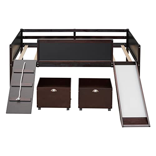 Twin Size Low Loft Bed with Climbing Rope and Double-Sided Chalkboard, Kid's Play Bed with Two Toy Storage Boxes for Bedroom (Espresso)