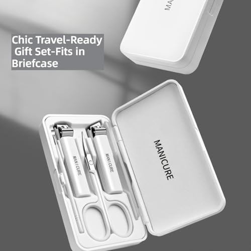 Manicure 5-in-1 Compact Nail Care Kit, Stainless Steel Nail Clippers with Nail File and Scissors, White, Portable Travel Manicure Set