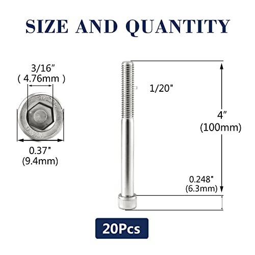 1/4-20 x 4 Socket Head Cap Screws Bolts, 20Pcs 304 Stainless Steel 18-8, Allen Socket Hex Drive, Partially Threaded, Bright Finish by SG TZH(with Hex Spanner) - size: 1/4-20 x 4"