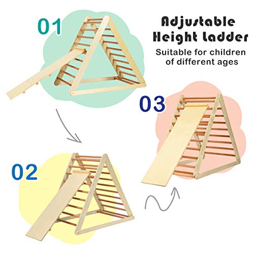 GLACER Wooden Climbing Triangle Ladder with Ramp, 2 in 1 Foldable Toddler Triangle Climber for Sliding & Climbing, Develop Strength, Balance and Motor Skills (Natural)