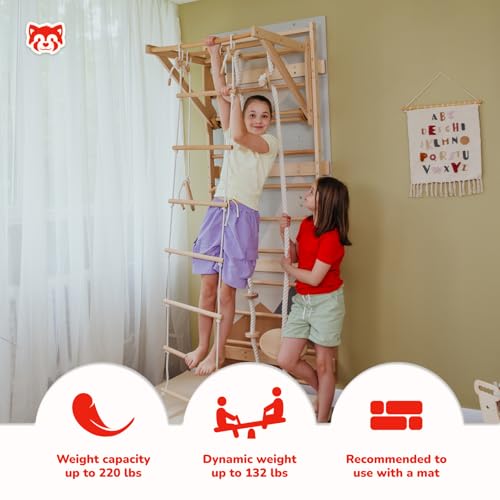 Wood And Hearts Indoor Swedish Ladder Wall Gym for Kids Active Play - Adjustable Pull-Up Bar with Rope Accessories & Decorative Panels (Climbing Module 1, 4in1 Rope Bundle) - size: Climbing Module 1