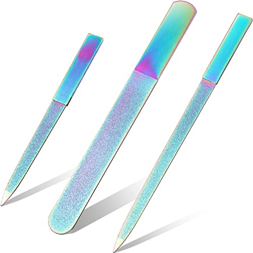 Mudder 3 Pcs Diamond Nail File Set for Women Men Stainless Steel Metal Sapphire Double Side Fingernail Toenail Buffer Filers Rainbow Emery Boards for Salon Home Travel Manicure Pedicure Nail Care Tool - color: Rainbow Color