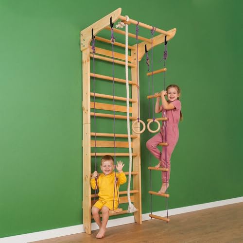 WEDANTA Wooden Swedish Ladder Wall Set – Kids Stall Bars for Exercise – Kids Swedish Gymnastic Wall Gym – Wood Stall Bar Gymnastics Playground – Best Gym for All Family - color: Wood