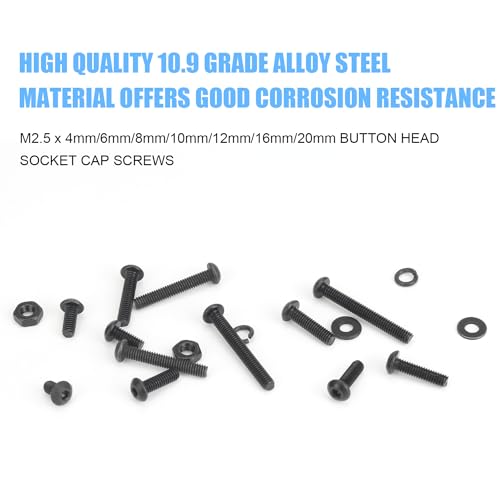 DYWISHKEY 566 Pieces M2.5 Black Screws, 10.9 Grade Alloy Steel M2.5X 4/6 /8/10 /12/16 /20mm Button Head Socket Cap Screws Bolts Nuts Washers Assortment Kit - size: M2.5, style: Button Head Socket Cap