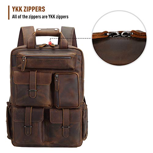 Polare Cowhide Leather Multiple Laptop Backpack Day Pack Travel Bag Satchel For Men - color: Dark Brown
