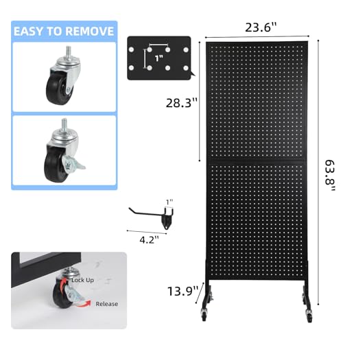 NectaCol 2'x 5' Standing Pegboard Display with T-Base, Pegboard Display Stand with Wheels, Metal Peg Board Display Rack, Art Display Stand, Extra 10 Pieces Hooks - Black - size: 1-Pack Black