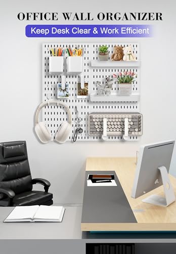 Pegboard Wall Organizer Set – 4 Peg Boards with Hooks & Shelves – Office, Kitchen, Gaming Room Desk Pegboard Storage – Peg Board Wall Display Rack (White) - color: White