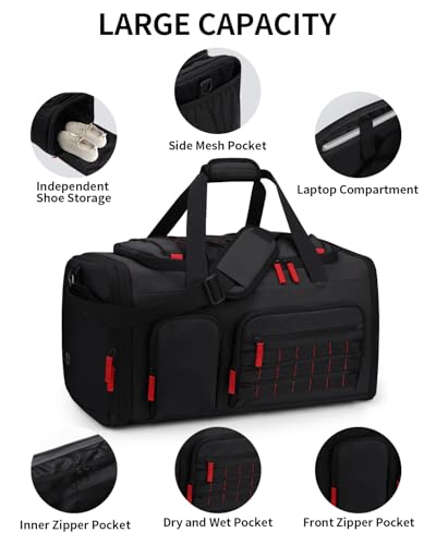 Gym Bags for Men Women, 45L Sports Travel Duffle Bag with Shoe Compartment, 3 in 1 Weekener Overnight Backpack with Wet Pocket, Black - color: Black