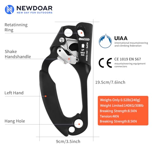 UIAA & CE Certified Hand Ascender Rock Climbing Tree Arborist Rappelling Gear Equipment Rope Clamp for 8~13MM Rope - color: Left Hand Black