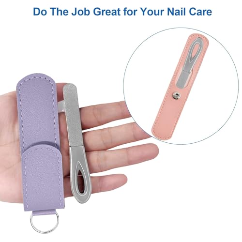 Metal Nail File with Case, 2 Pack Keychain Nail Files for Natural Nails, Fingernail Files Diamond Round Tip Stainless Steel Double Sided Fine Grit Silver Filer with Leather Sheath Travel Pink Purple - size: 2 Pack 3.6 in Silver/Pink/Purple Keychain