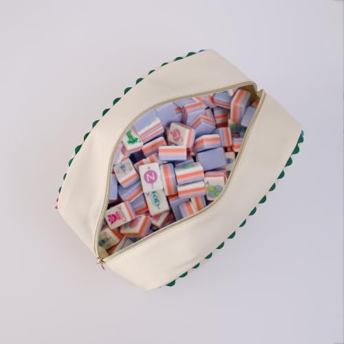 Canvas Makeup Bag for Women | Rainbow Rick Rack Trim,Mahjong Tile Travel Toiletry Organizer,Everyday Use, Beach and Gift for Girlfriend - color: Natural+Rainbow