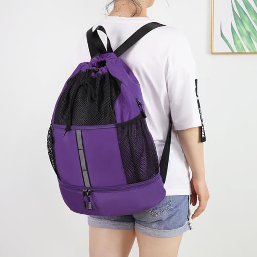 Valleycomfy Drawstring Gym Bag Sports Backpack With Shoe Compartment Purple | Reflective Strips Top Handle - color: Purple08