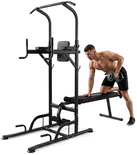 SQUATZ Pull-Up Dip Station - Your All-in-One Power Tower Gym and Chin-Up Bar Stand with Collapsible Bench for Home Exercise and Bench Press