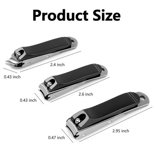 Nail Clippers Set of 3, Sharp Stainless Steel Fingernail Clipper and Toenail Clippers and Slanted Edge Nail Cutter, Black