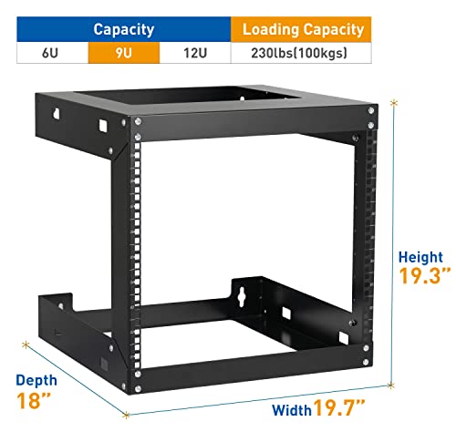 9U Wall Mount Rack Open Frame 19 Inch Server Equipment 2 Post Network Cabinet 18 inches Depth Black by Tedgetal - color: 9U