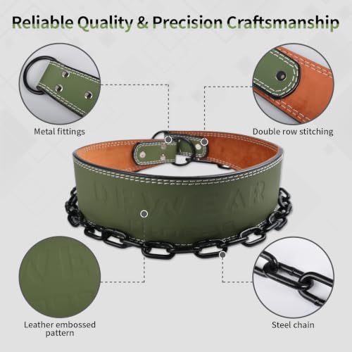 Heavy-Duty Leather Weightlifting Dip Belt with Steel Chain—Weightlifting, Squats, Deadlifts, Weighted pull-ups, Push-ups and Progressive Resistance Training - color: Military Green