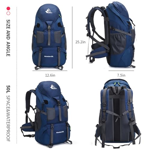 Bseash 50L Hiking Backpack, Water Resistant Lightweight Outdoor Sport Daypack Travel Bag for Camping Climbing Skiing Cycling (Navy Blue - With Shoe Compartment) - color: Navy Blue - With Shoe Compartment