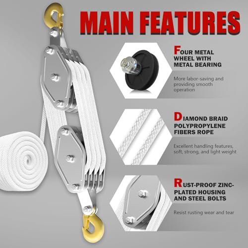 YATOINTO Rope Pulley Hoist with Metal Bearing 4400 LB, 8:1 Pulley Block and Tackle System, Pulley Block 2200LB Loading Capacity, 65ft Heavy Duty Rope Hoist for Hunting Garage Warehouse Constructions - color: White, size: UPGRADED-4wheels