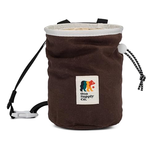 Oso Supply Co - Waxed Canvas Chalk Bag - Zipper Pocket & Mesh Pouch for Bouldering, Rock Climbing, Gym, Weightlifting – Water-Resistant, Adjustable Belt, Wide Opening - color: Espresso / Tan