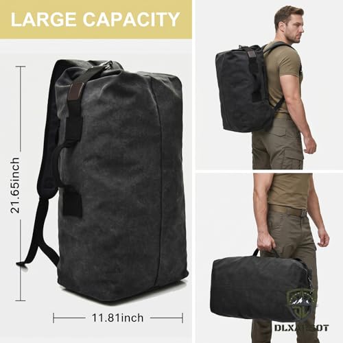Military Tactical Backpack Large Capacity Travel Climbing Bag Duffel Bag Top Load Double Strap Canvas Backpack - color: Black