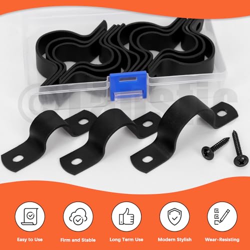 Tanstic 15Pcs Black Two Hole Pipe Strap, 3/4” 1” 1-1/4” Two Hole Strap U Bracket Rigid Pipe Strap Pipe Strap Clamp with Phillips Modified Truss Head Wood Screws for Fixing Pipe, Conduit, U Bracket - size: 20/25/30mm