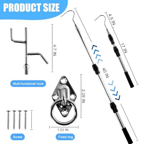 Telescopic Attic Pull Down Hook, 17" to 35" Adjustable Stainless Steel Pull Stick and Stainless Steel Pull Ring, Replacing Old-Fashioned Hanging Ropes on attic Stairs.