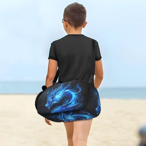 Kids Sports Duffel Bag for Boys & Girls - Blue Flame Dragon 100% Polyester Gym Bag with Separate Shoe Compartment, Adjustable Shoulder Strap, Compact Travel & Workout Gear Bag - color: Blue Flame Dragon