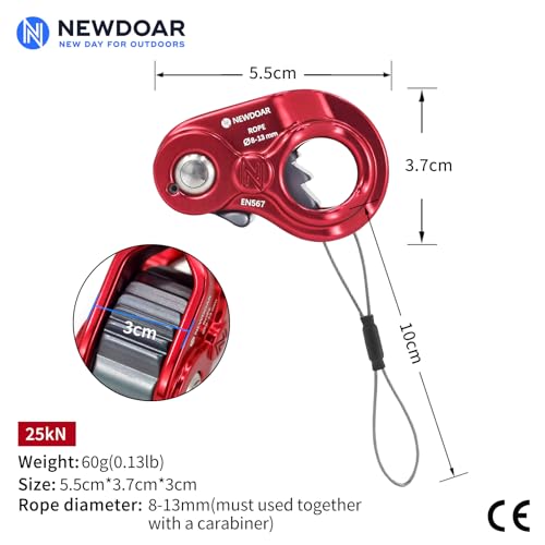 NewDoar Rope Ascender Lightweight Rope Clamp Ascender Riser Adjuster Fits 8-13mm Rope Self-Locking Grip for Rock Climbing,Hunting,Protection Rescue,Rappelling,Arborist,Gear Equipment - color: Red