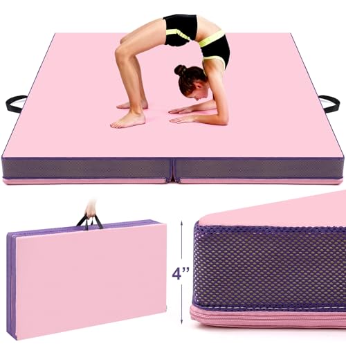 Nuanchu 4'' Thick Folding Gymnastics Mat 4ft x 4ft Gymnastics Practice Mats for Tumbling for Girl Stretching Yoga Pilates Aerobics Workouts Cheerleading Martial Arts