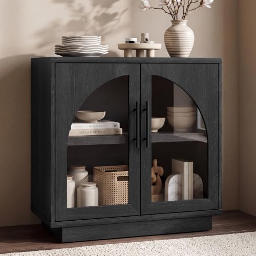 Fatmok Arched Glass Sideboard Buffet Accent Cabinet, 31.5" Display Credenza with Adjustable Shelf,1-Piece Modular Coffee Station Storage for Kitchen Living Room Bedroom, Black Grey - color: D-black Grey