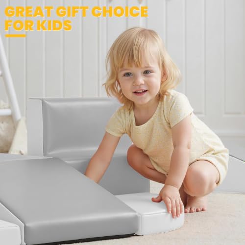 Hoohtoot Soft Foam Climbing Blocks for Toddlers: 6-Piece PU Leather Play Set - Kids Climbing and Crawling Toys - Indoor Baby Play Structure - Fun Learning Gym - style: Grey/White