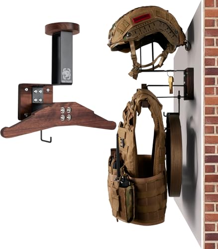 ONETIGRIS Tactical Gear Wall Mount, Motorcycle Helmet Holder Wall Mount Stand, Plate Carrier Rack Jacket Hanger Display Organizer for Police Football Cycling Suit - color: Black Walnut