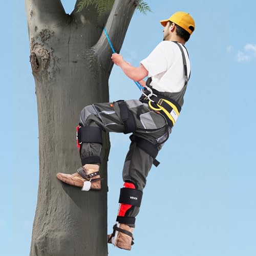 VEVOR Tree Climbing Spikes Set, 1 Pair Height-Adjustable Climbing Spurs with Security Harness and Utility Rope, 350lbs Load Capacity Tree Climbing Gear, Arborist Equipment for Climbers, Fruit Picking - color: Red