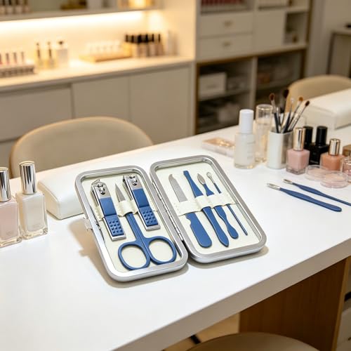 Luxury 7-in-1 Professional Manicure Set - Premium Stainless Steel Nail Clippers & Grooming Kit with Elegant Leather Travel Case - D.Blue - color: Dark Blue, size: 7PCS